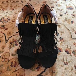 Sandalup black suede fringe wedge 8 1/2